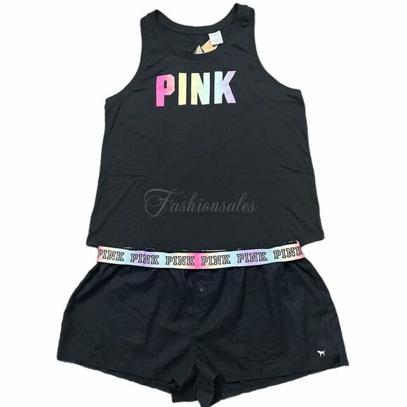 Victorias Secret Pink Set oversized Tank top XL & logo waist shorts black XXL - Picture 5 of 9